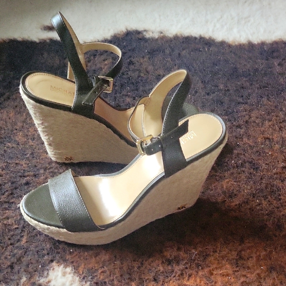 Michael Kors Olive Leather Woven Wedge Sandals with Adjustable Straps⁸